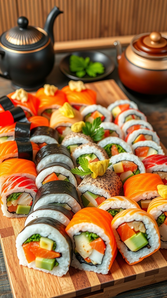 A vibrant display of sushi rolls on a wooden platter, with fresh fish and vegetables.